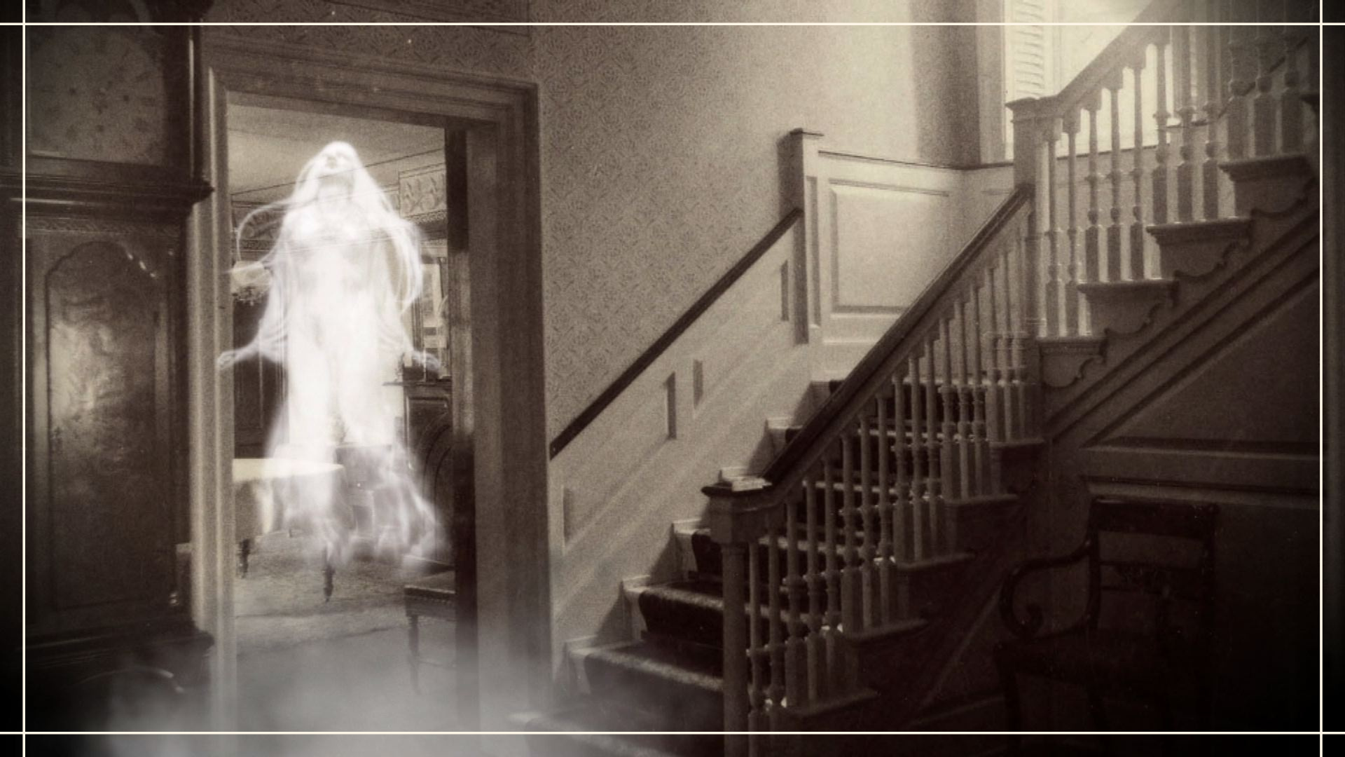 A whispy ghost in front of a stairway in an old home