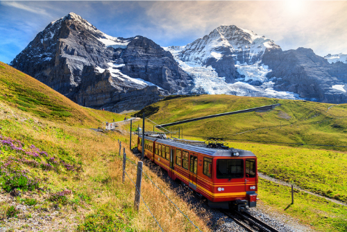 A train traveling through mountains